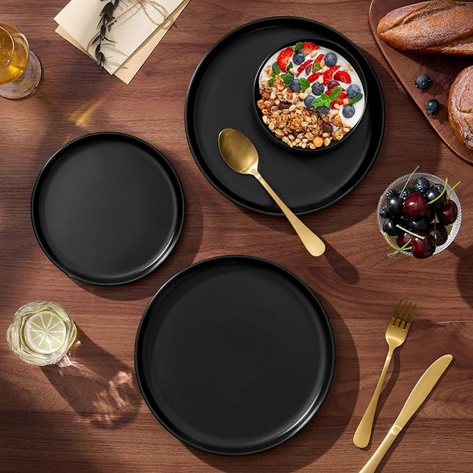 E-far 6-Piece Stoneware Plates and Bowls Sets, Dinnerware Sets for 2, Ceramic Dishware Dishes Set with Terracotta Base, Chip & Scratch Resistant, Microwave & Dishwasher Safe, Matte Black