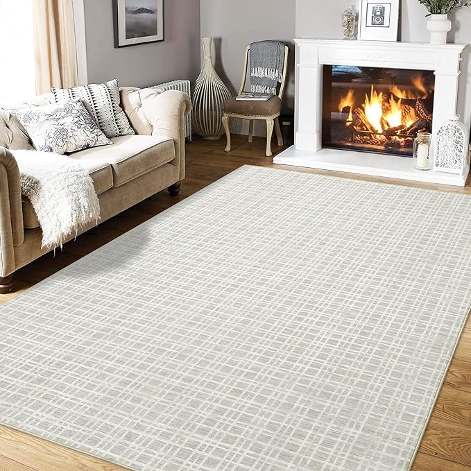 Washable Area Rugs 10x13 Rug for Living Room Modern Grey Rug Plaid Large Area Rug for Bedroom Decor Rustic Non Slip Throw Rugs Low Pile Stain Resistant Carpet for Office Dining Room 10'x13'