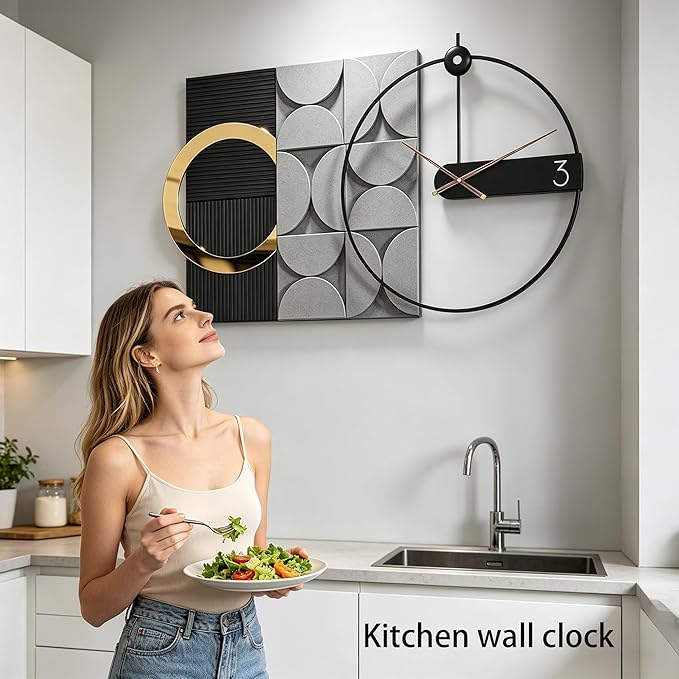 Modern oversized Wall Decor Clock, Large Geometric Decorative Wall Clock with 3D Textured Panels, Silent Non-Ticking Quartz, Black Gold & Grey Wall Art for Living Room Dining Room Office, 41×23.6"