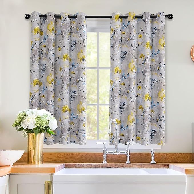 MYSKY HOME Floral Curtains 45 Inch Length for Living Room Bedroom, Bathroom Thermal Insulated Vintage Flower Grommet Decorative Window Curtain, 2 Panels