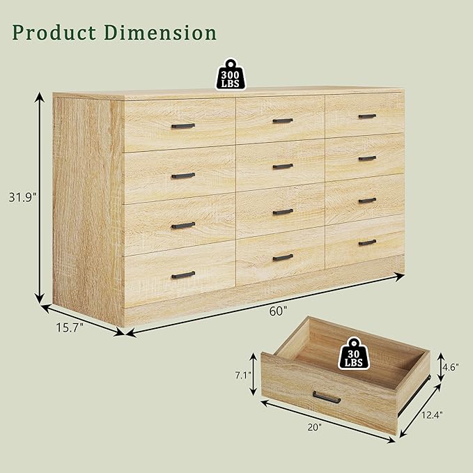 Dresser for Bedroom with 12 Drawers, 60'' Wood Mid Century Modern Dressers, Large Chests of Drawers TV Stand, Natural Wood Grain, Storage Unit Dresser for Bedroom, Entryway, Hallway, Natural