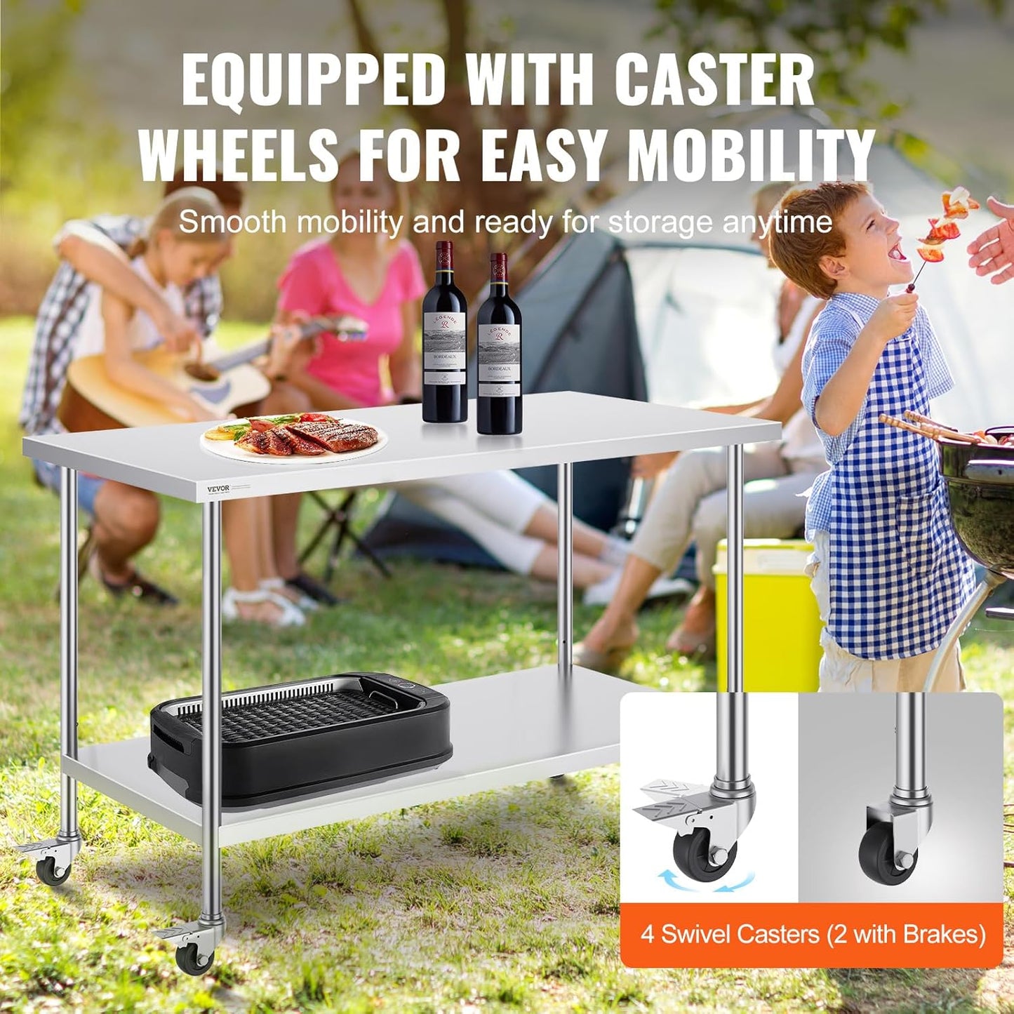 VEVOR Stainless Steel Work Table - Heavy-Duty Food Prep Table with 4 Wheels | 30 x 60 x 38 Inch, Adjustable Height
