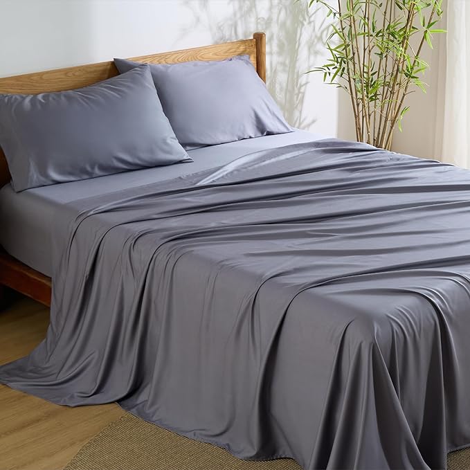 Bedsure California King Sheet Sets, Cooling Sheets, Rayon Derived from Bamboo, Breathable & Soft, Deep Pocket Up to 16 Inches, Hotel Luxury Silky Bedding for Hot Sleepers, Dark Grey