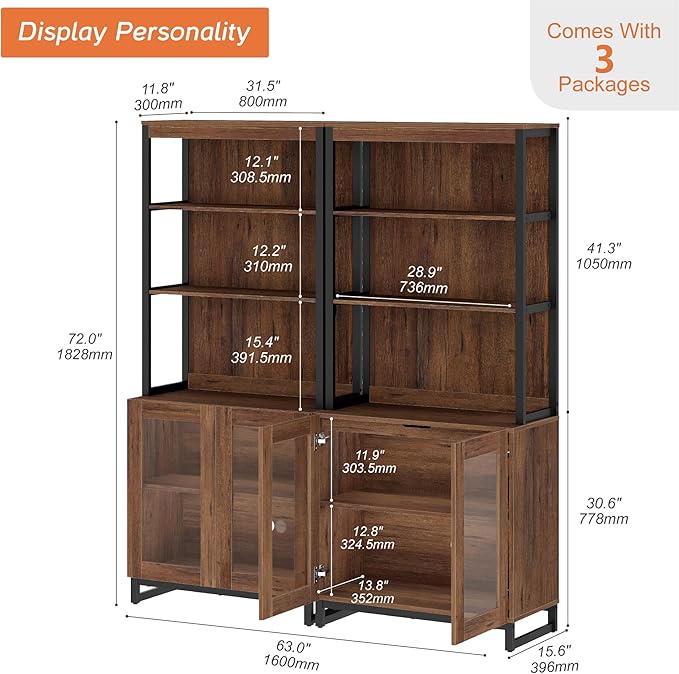WAMPAT 2 PCS Modern 72" Tall Bookcases with Glass Doors and Adjustable Shelves, Library Book Shelf with Storage Cabinet and Open Book Shelfs, Wood Bookshelves for Home Office, Living Room, Brown