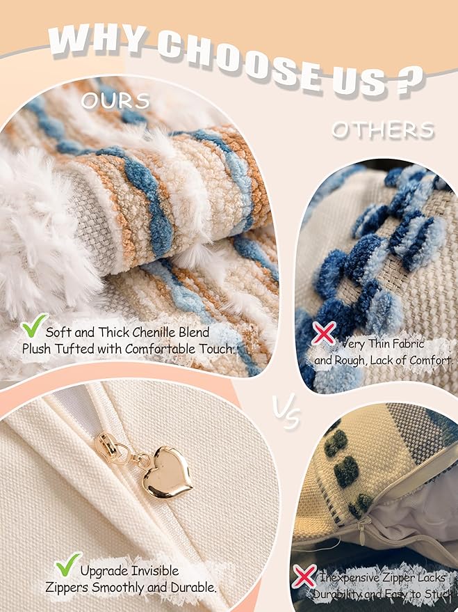 KOOLIFE Boho Chenille Tufted Couch Throw Pillow Covers 18x18 Inch Set of 2 Farmhouse Striped Decorative Pillow Covers Accent Neutral Pillowcase Caramel Brown Blue Cushion Cover for Livingroom Sofa Bed