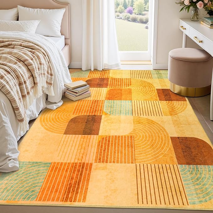 4x6 Area Rugs for Living Room, Soft Modern Geometric Rug for Bedroom, Washable Non-Slip Indoor Floor Abstract Carpet for Dining Room Nursery Home, Multi/Orange