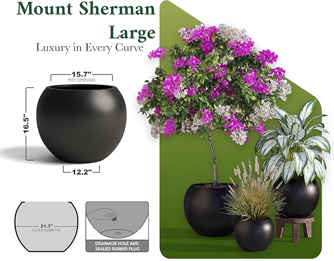 DTY Signature Mount Sherman Modern Indoor Outdoor Fiberstone Sphere Planter, Durable Round Garden Pot, Weather Resistant, Drainage Hole & Rubber Plug, Planter for Christmas Tree - Large, Black