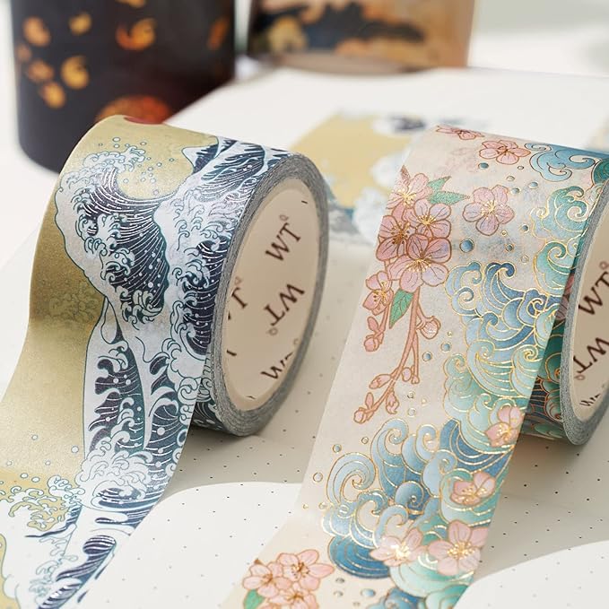 WT Waves of Rebun Washi Tape Set, 4 Rolls, Gold Foil, Decorative Masking Tape, Bujo Planner Supplies, DIY Crafts Tape, Adhesive Wrapping Tape, Paper Tape, Journaling Gifts