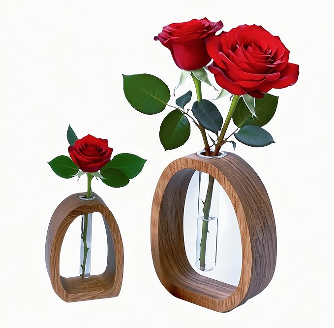 Handcrafted Solid Wood Glass Tube Vase|Hydroponic Planter for Fresh Cut or Dried Flowers&Plant Propagation|Modern Home Desk Decor&Table Centerpiece for Home Office Cafe Bar Restaurant(Large+Small)