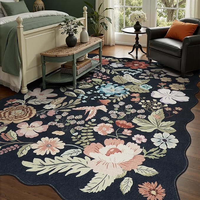 DCX Black Floral Rug 9x12, Washable Black Rug for Living Room, Kid & Pet Friendly with Rubber Back Non Slip, Soft Low Pile Carpet, Stain Resistant Rug for Bedroom, Nursery, Dining Room