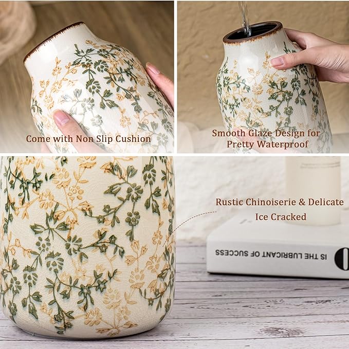 Green Vinatge Vase, Farmhouse Rustic Ceramic Flower Vase, Antique Chinoiserie Vases, Decorative Ice Cracked Large Vases for Home Decors, Living Dining Room Table, Shelf Decor, Office, 7.8 Inch