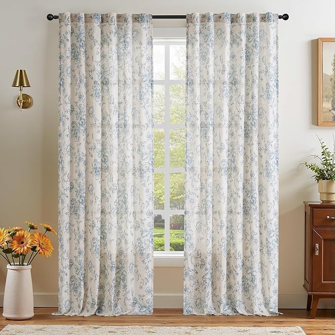 jinchan Linen Blend Curtain Floral Curtains for Living Room 96 Inch Length Blue Printed Curtain Back Tab Farmhouse Peony Flower Patterned Drapes Bedroom Window Curtains Set 2 Panels