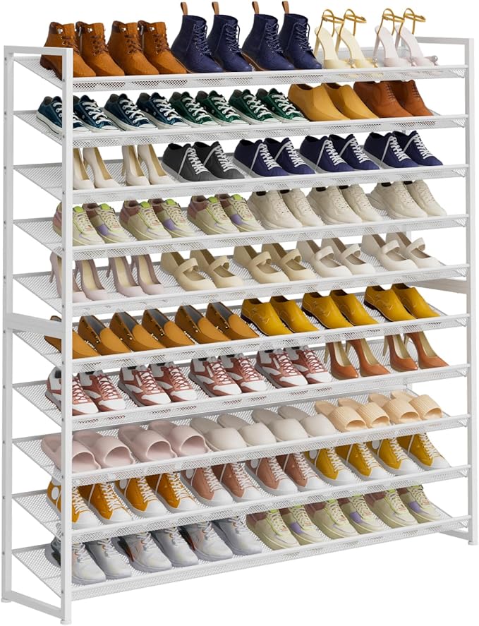 NEYCIL Large Shoe Rack 10 Tier Shoe Organizer, Heavy Duty Metal 5-Tier Stackable Shoe Storage Vertical Shoe Rack for Closet Front Door Entrance, Up to 62 Pairs, 44.8" W x 11.4" D x 71.2" H, White