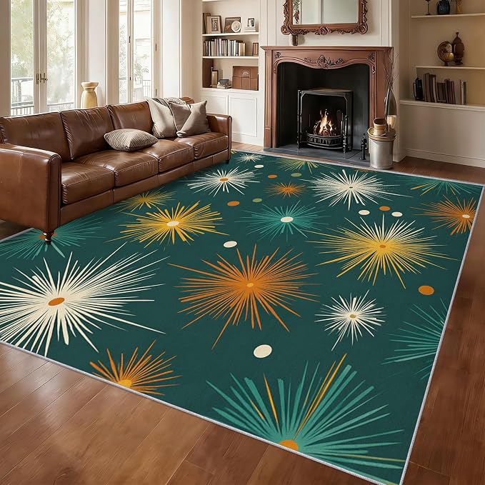 Abstract Atomic Rugs for Living Room Decor, 6x9 ft, MCM Geometric Starburst Area Rugs for Bedroom, Soft Non Slip Washable Mid Century Modern Carpet Home Decorations D-g48