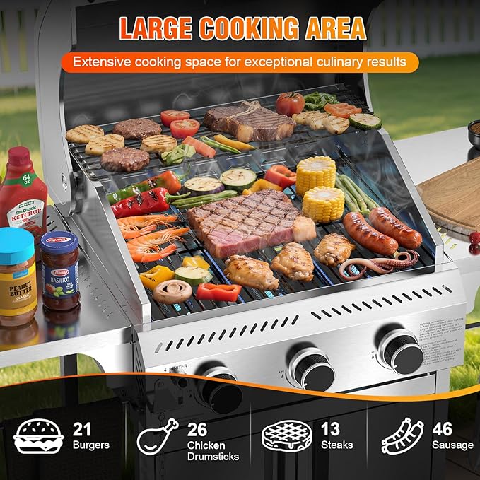 Electactic G31 Gas Grill, 3-Burner Gas Grill with Folding Side Tables,Stainless Steel 24,000 BTU BBQ Grill,Outdoor Propane Grill for Barbecue,Patio,Camping
