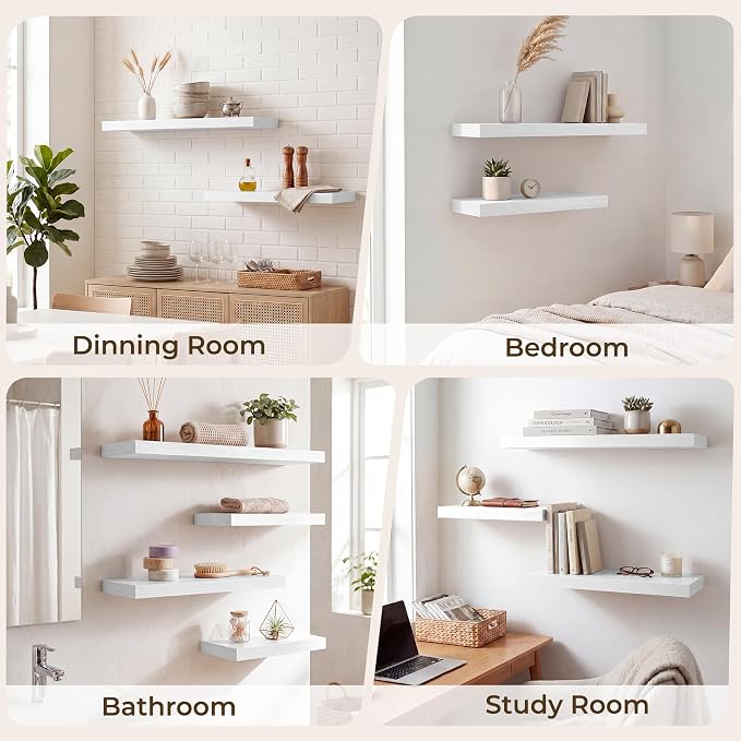 RICHFOCUS 20Inch Floating Shelves for Wall 2 Pack Shelves for Bedroom|Kitchen|Bathroom|Laundry Room Rustic Wood Wall Mounted Shelf with Invisible Brackets for Books|Storage|Decor, White