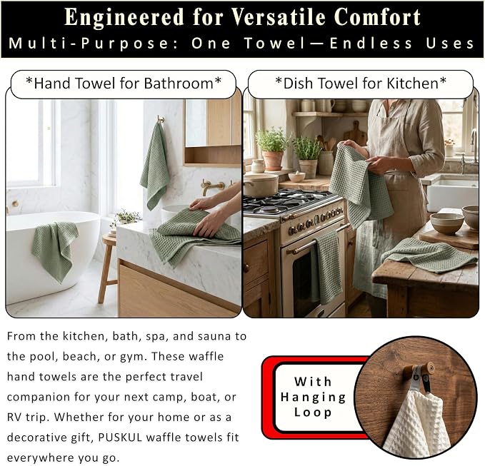 PÜSKÜL Natural 100% Turkish Cotton Waffle Kitchen Towels Set of 3 | Oeko-Tex, Premium Waffle Hand Towels for Bathroom | Soft Absorbent Quick-Dry Lint-Free Dish Towel Large 32x16 inch (3, Sage Green)