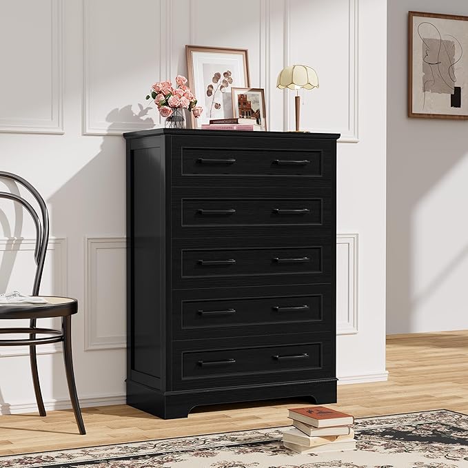 YESHOMY Tall Dresser for Bedroom,Farmhouse 5 Drawers Dresser, Chest of Drawer Chest, Multi-Tier Clothing Storage Cabinet, Black