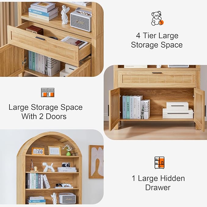 Turtle&Myrtle 73" H Large Arched Bookshelf，5-Tier Arch Bookcase with Doors，Mid Century Modern Book Shelf with Drawers，Wood Bookshelf w/Open Display Shelves for Living Room, Office (Natural, 2 Set)