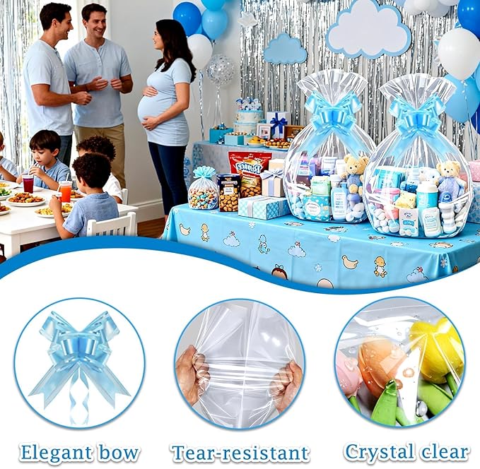 PigPotParty 24"x30" Clear Cellophane Gift Bags - Includes Bows – 10 Pack Large Cellophane Wrap for Gift Baskets, Plastic Gifts Bags for Gift Giving