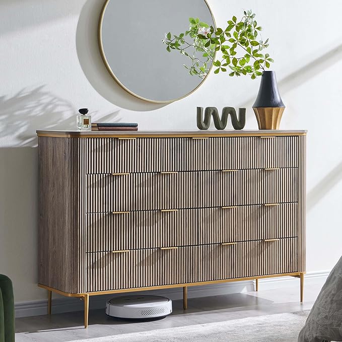 T4TREAM Fluted 9 Drawers Dresser, Modern Wooden Top Chest of Drawers with Curved Profile Design, Dresser TV Stand Drawer Organizers for Bedroom, Living Room, Hallway(Alder Grey)