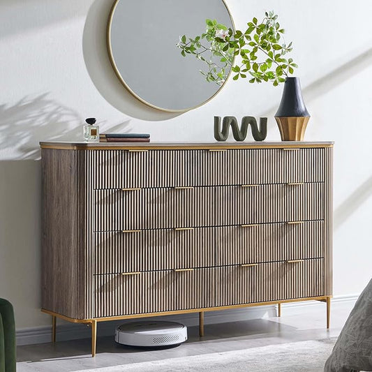 T4TREAM Fluted 9 Drawers Dresser, Modern Wooden Top Chest of Drawers with Curved Profile Design, Dresser TV Stand Drawer Organizers for Bedroom, Living Room, Hallway(Alder Grey)