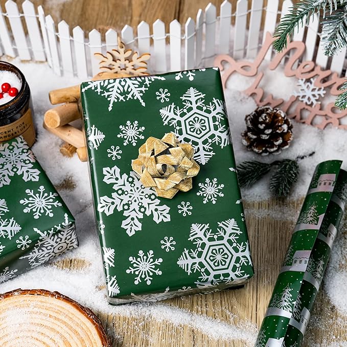 MAYPLUSS Christmas Wrapping Paper Roll, Green Gift Wrap, Vintage Green Silver Winter Forest Christmas Themed Wrapping Paper for Holiday Gift Packaging, Party(Mini Roll, 17 Inch X 16.5 Feet)