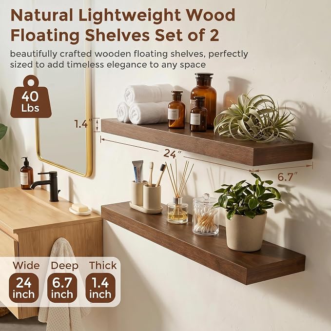 fuqing Wood Floating Shelves | 24 Inch Floating Shelves for Wall Set of 2 | 24" W x 6.7" D x 1.4" H Rustic Walnut Shelves for Bathroom Living Room Bedroom Kitchen