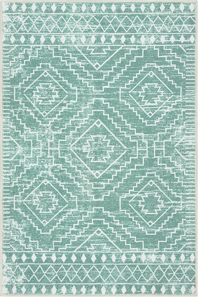 Wonnitar Moroccan Area Rugs 4x6, Sage Green Boho Rug for Bedroom, Washable Ultra-Thin Living Room Throw Mat, Farmhouse Geometric Soft Print Carpet for Nursery Bathroom Kitchen (Mint Green,4'x6')