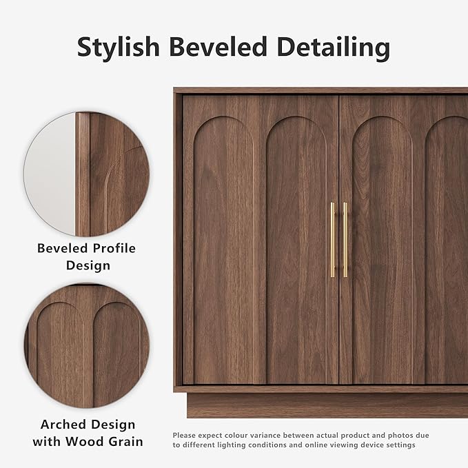 FORTUNETEC Sideboard Buffet Cabinet with Storage Set of 2, Mid Century Modern Accent Cabinet with Arched Doors, Modular Media Console, Credenza for Living Room Kitchen Dining Room Entryway, Walnut