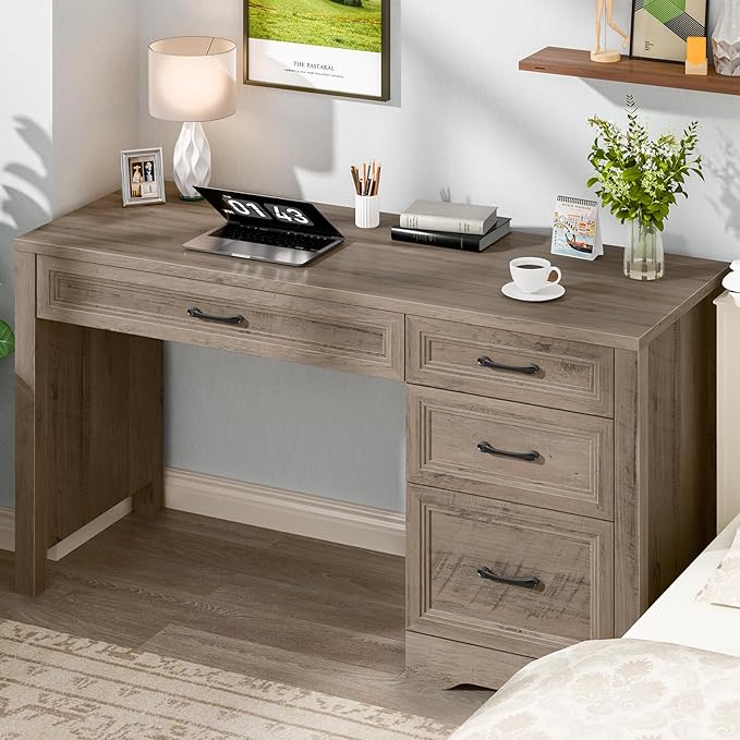Vabches Farmhouse Executive Desk with Storage and Ample File Drawer, Rustic Large Home Writing Desk for Bedroom, Grey