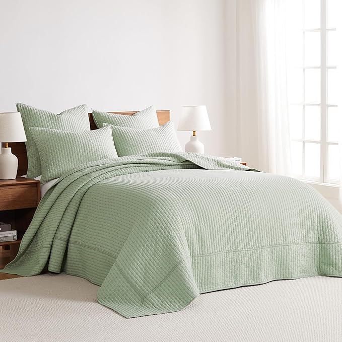 Levtex Home Cross Stitch Reversible Twin Bedspread Set (84x104in) with 1 Pillow Sham (26x20in) - Stitch Texture - Desert Sage - Cotton Twin Size Bedspread Set - Lightweight, Soft, Pre-Washed