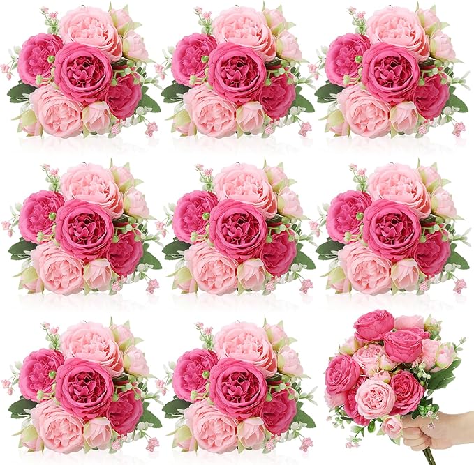 8 Pack Pink, Hot Pink Peonies Artificial Flowers, Fake Silk Hydrangea Bouquet for Bridal Wedding Home Table Decor Reusable Dining Opening Ceremony Birthday Arrangement Faux Floral