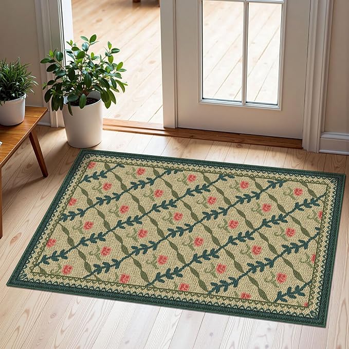 Front Door Mat Outside Entrance - 2x3 Non-Slip Washable Doormat Indoor Outdoor Entrance Jute-Look Floral Rug Welcome Mat Small Throw Rugs for Entryway Bedroom Kitchen Mudroom Front Porch Decor