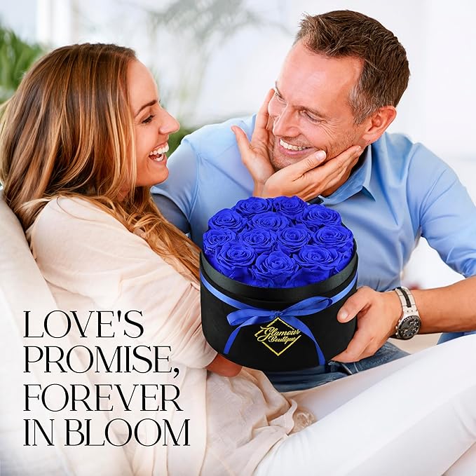 GLAMOUR BOUTIQUE Flowers Forever Gift Box 12 Real Preserved Roses in a Velvet Black Box, Birthday Gift for Wife Mom and Her, Mothers Day, Anniversary, Graduation - Blue