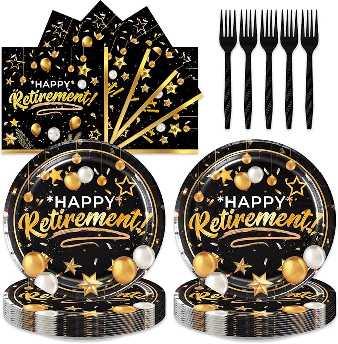 48pcs Retirement Party Decoration Set,16 Dessert plate,16 Napkin And 16 Fork,16 persons Black Gold Disposable tableware,Black Gold Retirement Party Supplies