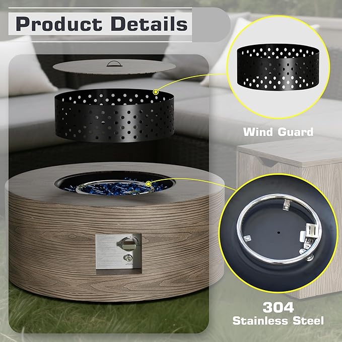 2-Piece 30" Round Propane Fire Pit for Outside Patio with Hidden Tank Table, 50,000 BTU Fireplaces with Wind Guard, Lid, Glass Rocks, Cover(Wood Grain Walnut)