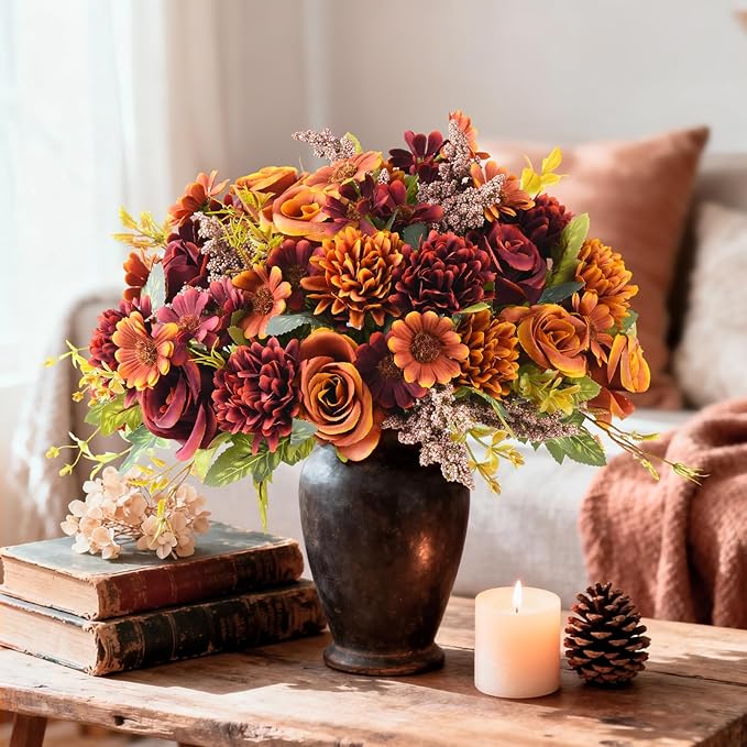 Homsunny Artificial Fake Fall Flowers Centerpieces for Table Decoration, 4 Pcs Faux Silk Flower Arrangements with Mums Chrysanthemum Rose Daisy Floral Bouquets for Home Wedding Party Autumn Decor