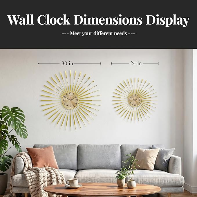 Cuspin 30 Inch Large Wall Clock Gold Clock Wall Decor, Mid Century Modern Sunburst Silent Non Ticking Battery Operated Decorative Metal Wall Clocks for Living Room, Dining Room, Bedroom, Office