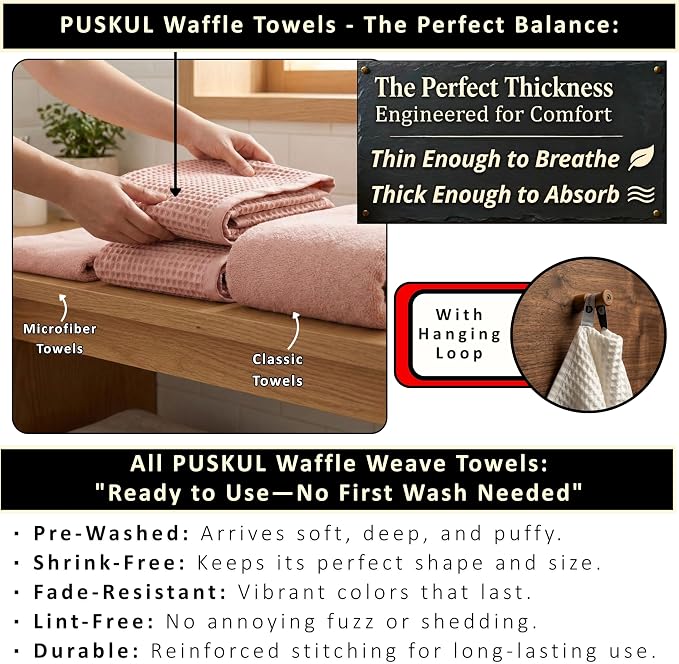 PÜSKÜL 4-Piece Natural 100% Turkish Cotton Luxury Waffle Towels for Bathroom | Premium Quality Honeycomb Weave 2 Hand Towel & 2 Bath Towel Set | Soft Absorbent Quick-Dry Lightweight Towels (Pink)
