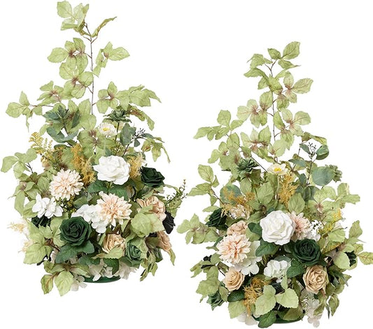 Ling's moment 41" Tall Free Standing Artificial Flowers Arrangements 2 pcs Wedding Arch Altar Stage Decorations Emerald & Tawny Beige Ceremony Reception Rose Fake Floral Party Centerpieces Decor
