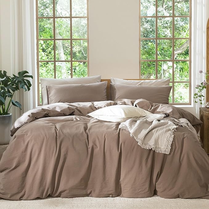 MooMee Bedding Duvet Cover Set 100% Washed Cotton Linen Like Textured Breathable Durable Soft Comfy (Solid Brown, Cal King 104"x98")