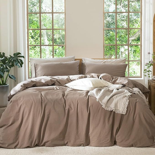 MooMee Bedding Duvet Cover Set 100% Washed Cotton Linen Like Textured Breathable Durable Soft Comfy (Solid Brown, Cal King 104"x98")