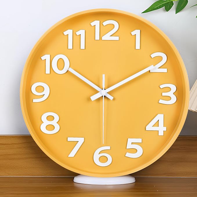 45MinST 12-Inch Modern Yellow Indoor/Outdoor Wall Clock, Silent Non-Ticking, Large Numbers, Accurate Timekeeping, Perfect Decorative Accent for Home or Office (Yellow)