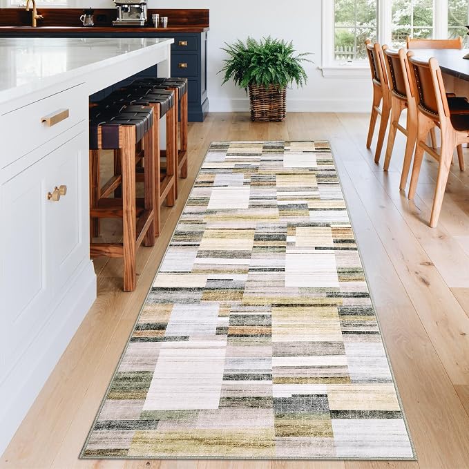 Washable Runner Rugs 2x6 Rug Runner Modern Non Slip Kitchen Rugs Indoor Entryway Rug Farmhouse Soft Bath Mat Stain Resistant Carpet for Bedroom Hallway Laundry 2'x6' Khaki&Grey