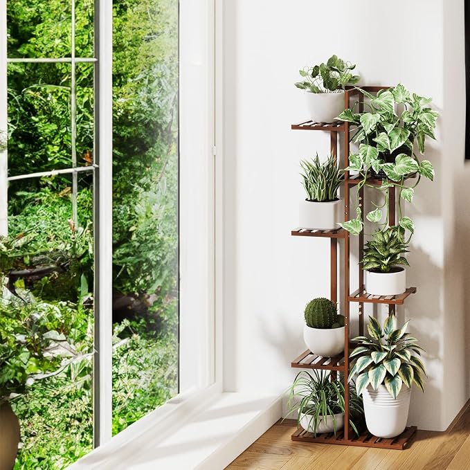 ROSSNY 48 Inch Tall Plant Stand Indoor, 6 Tier 7 Potted Bamboo Plant Stands for Indoor Plants, Corner Plant Stand, Tiered Plant Stands, Plant Shelf For Indoor, Planter Holder for Multiple Plants Indoor, Brown