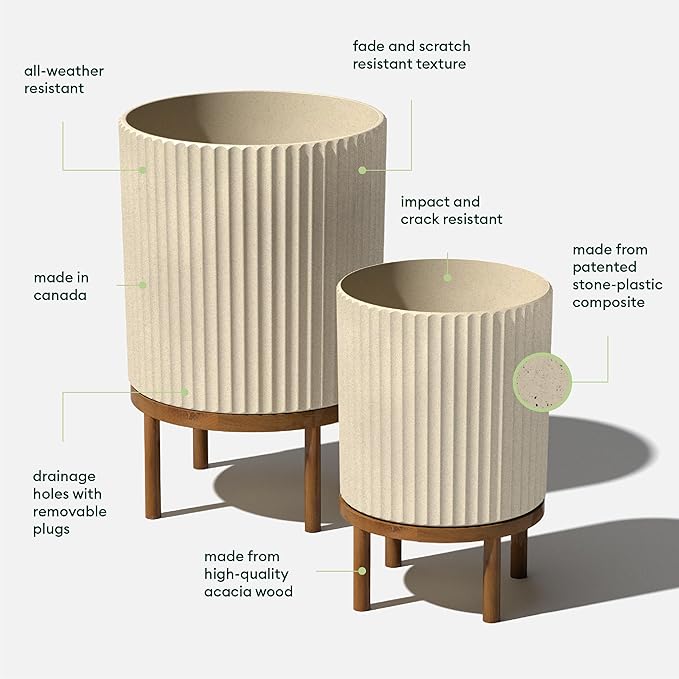 Veradek Demi Series Round Planter w/Stand for Porch/Patio | Durable Plastic-Stone Composite & Wooden Stand | Modern Décor for Tall Plants, Flowers