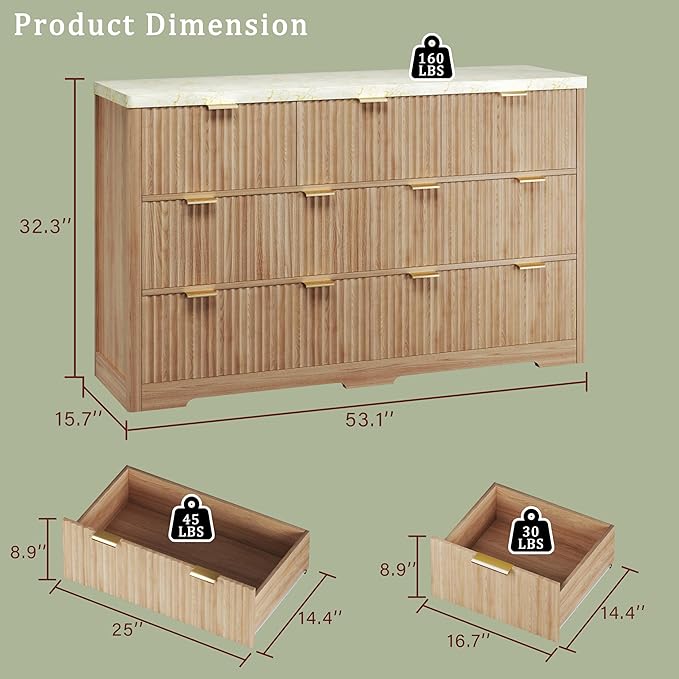 Fluted Dresser for Bedroom with 7 Drawers, 53" Wide Mid Century Modern Dressers with Faux Marble Top & Metal Handle, Wooden Chest of Drawers TV Stand, Natural Wood Closet Storage Organizer,Natural Oak