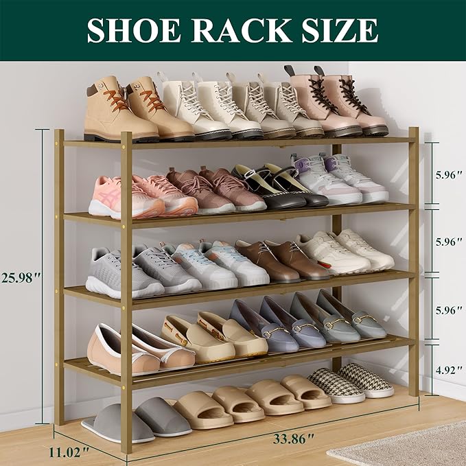 Smiry Long Bamboo Shoe Rack 4-Tier, Stackable Wooden Shoe Organizer for Entryway & Closet, Free Standing Wood Shoe Storage Shelf for Front Door & Small Spaces, Walnut