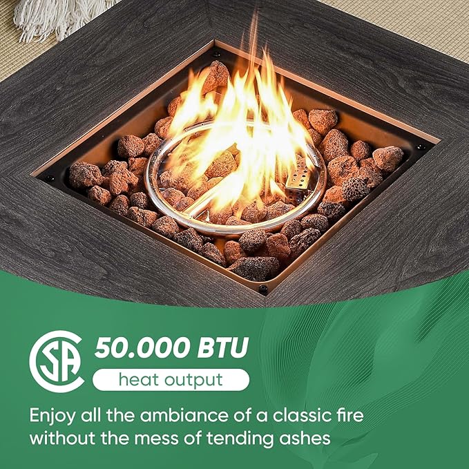 Belord 50000 BTU Propane Fire Pit Table with Lid and Lava Rock, 30 inch Outdoor Firepit Table Wicker Furniture, Square Fireplace Table Perfect for Relaxed Outside Patio Backyard Ambiance, Grey